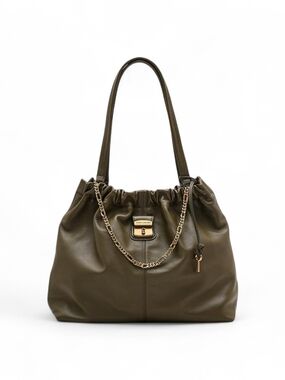 MARC JACOBS Olive Green Leather Shoulder Tote with Chain Detail